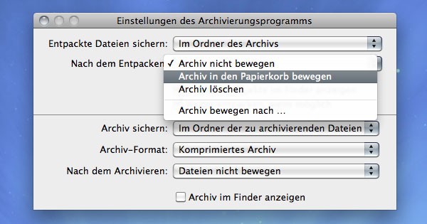 ZIP-Dateien nach entpacken in den Papierkorb